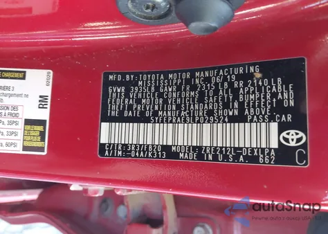 2020 Toyota Corolla Le z USA, uszkodzony, nr VIN 5YFEPRAE9LP029524